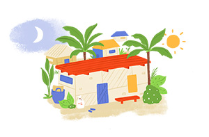 drawing of a house with palm trees