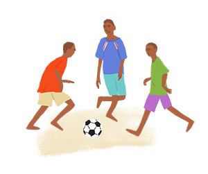 3 boys play soccer
